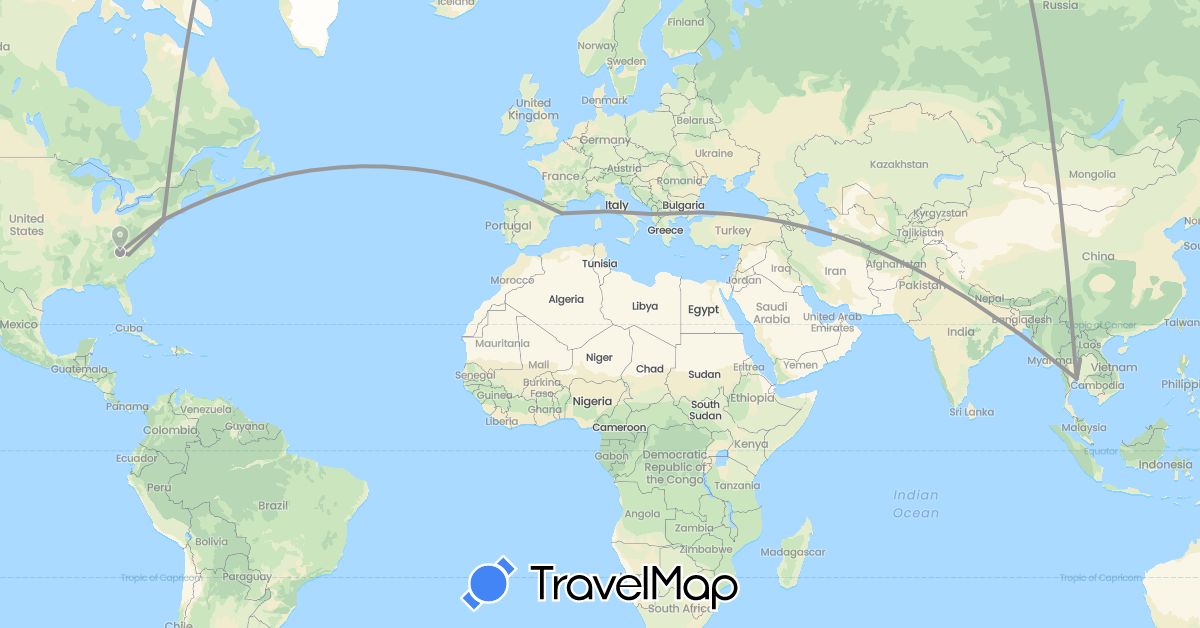 TravelMap itinerary: driving, plane in Albania, Spain, Thailand, United States (Asia, Europe, North America)